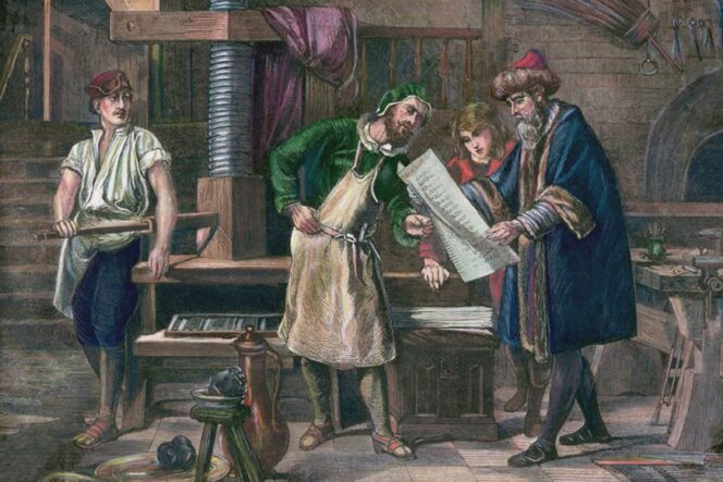 
 Ilustrasi penemuan mesin cetak adalah Johannes Gutenberg. [Sumber Foto: Encyclopædia Britannica]